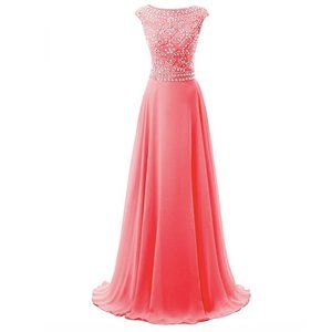 Long Beaded Chiffon Prom Dress Cap Sleeves Coral